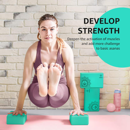 Yoga Block 2 Pack Supportive Latex-Free EVA Foam Soft Non-Slip Surface for General Fitness Pilates Stretching and Meditation 9"x6"x3" Yoga Strap Included