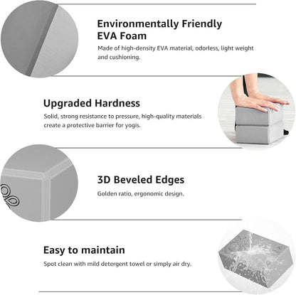 Yoga Block 2 Pack Supportive Latex-Free EVA Foam Soft Non-Slip Surface for General Fitness Pilates Stretching and Meditation 9"x6"x3" Yoga Strap Included