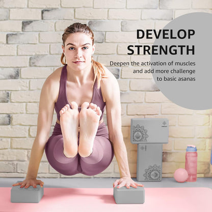 Yoga Block 2 Pack Supportive Latex-Free EVA Foam Soft Non-Slip Surface for General Fitness Pilates Stretching and Meditation 9"x6"x3" Yoga Strap Included