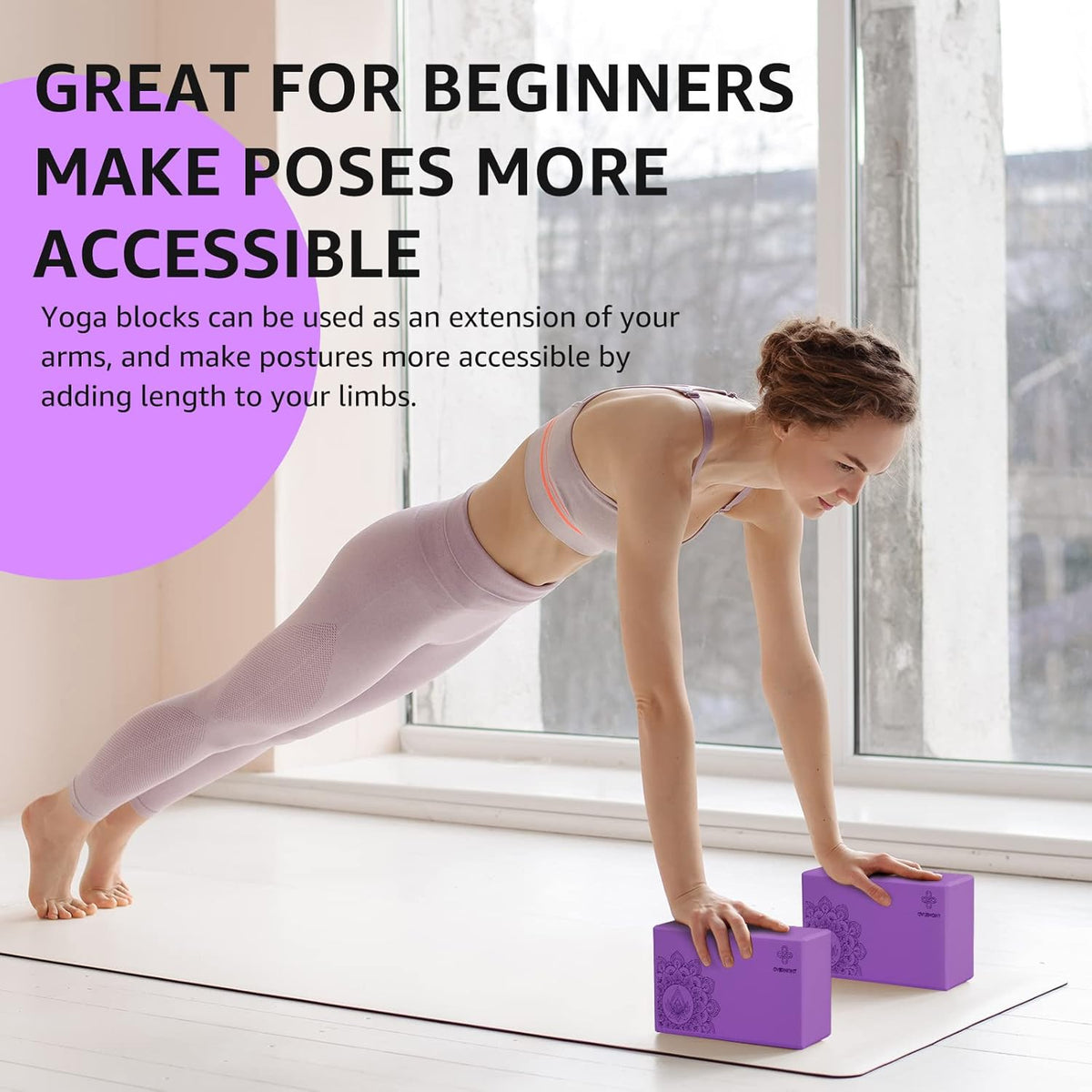 Yoga Block 2 Pack Supportive Latex-Free EVA Foam Soft Non-Slip Surface for General Fitness Pilates Stretching and Meditation 9"x6"x3" Yoga Strap Included