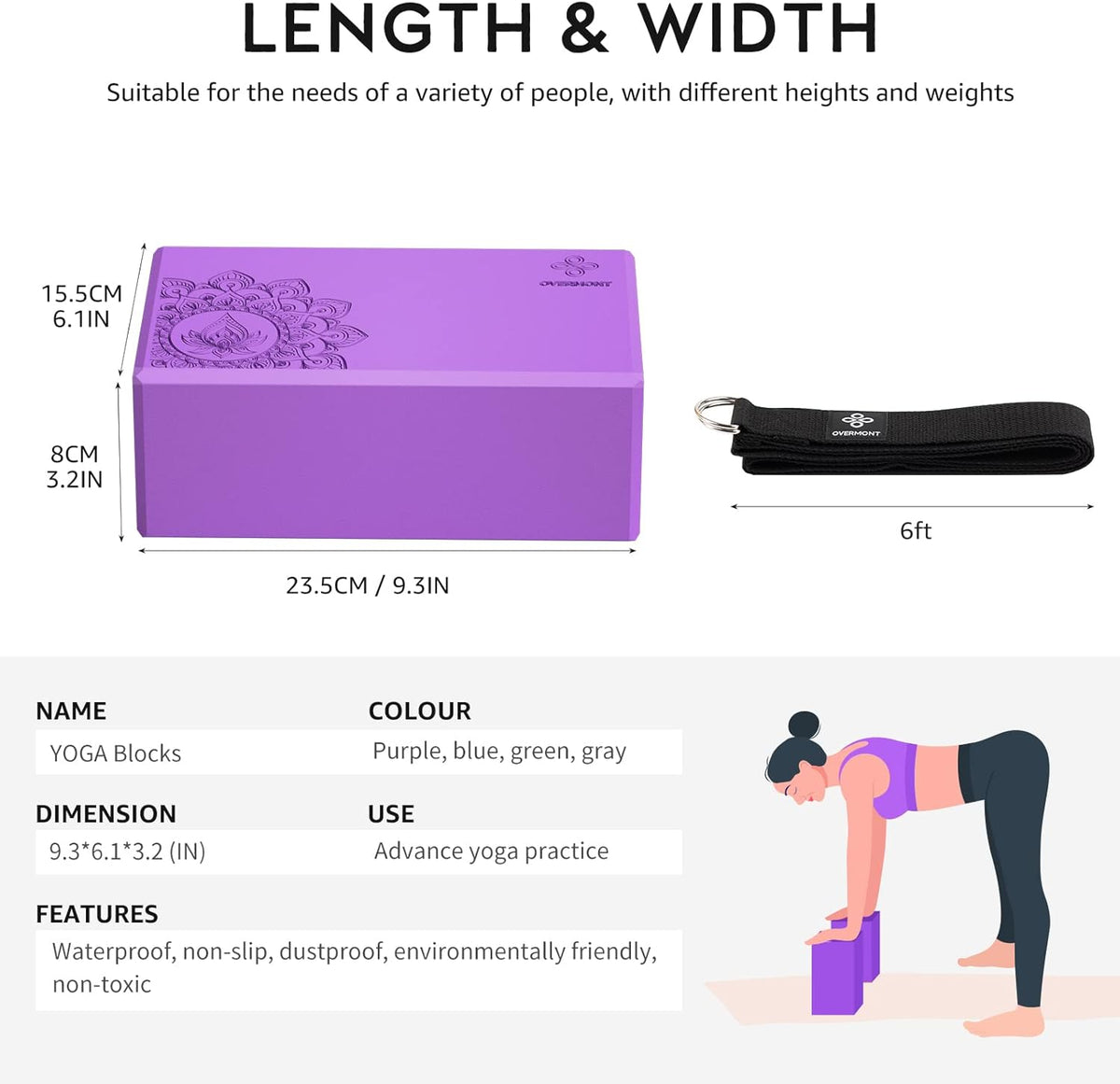 Yoga Block 2 Pack Supportive Latex-Free EVA Foam Soft Non-Slip Surface for General Fitness Pilates Stretching and Meditation 9"x6"x3" Yoga Strap Included
