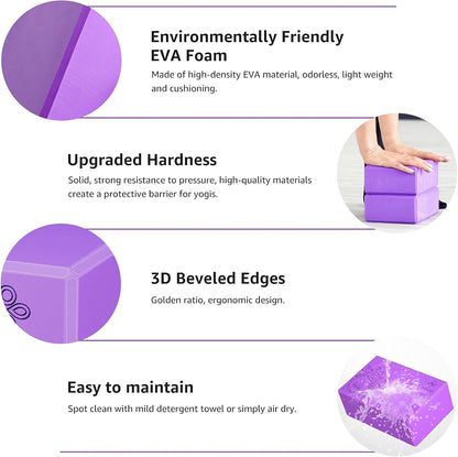 Yoga Block 2 Pack Supportive Latex-Free EVA Foam Soft Non-Slip Surface for General Fitness Pilates Stretching and Meditation 9"x6"x3" Yoga Strap Included