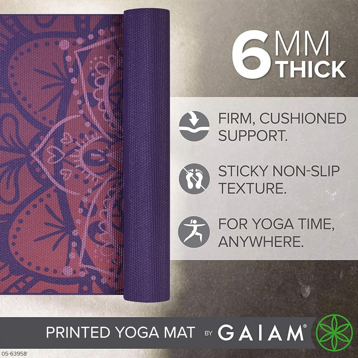 Premium Yoga Mat, 6mm Thick Print Mat | Premium 6mm thick cushioning for joint support. Non-slip print design for yoga, Pilates & floor workouts.