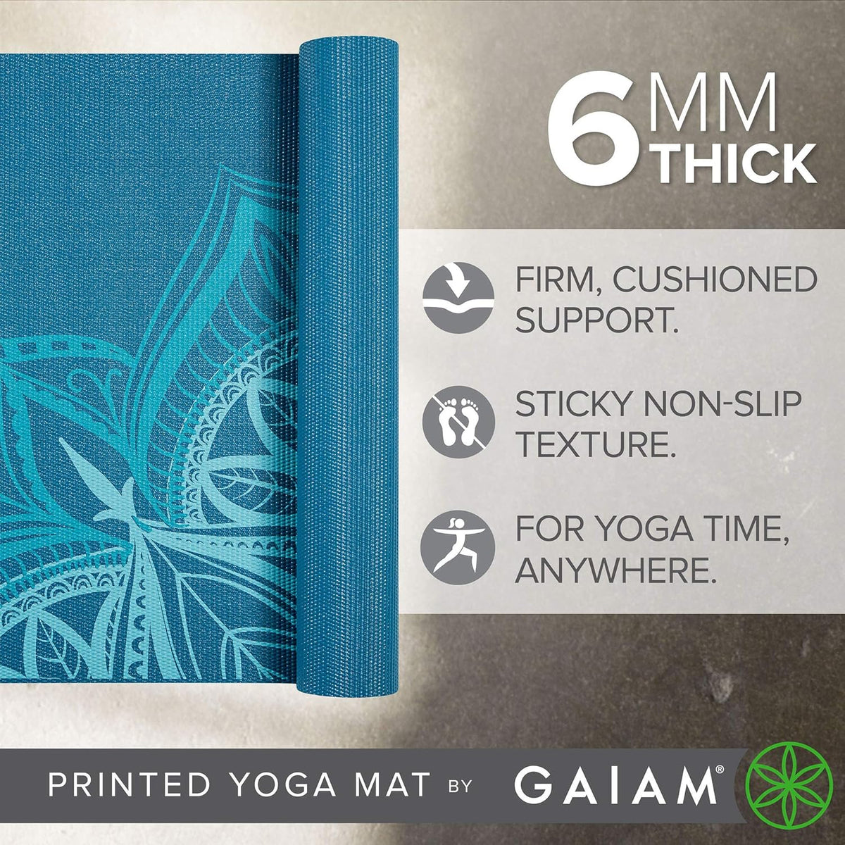 Premium Yoga Mat, 6mm Thick Print Mat | Premium 6mm thick cushioning for joint support. Non-slip print design for yoga, Pilates & floor workouts.