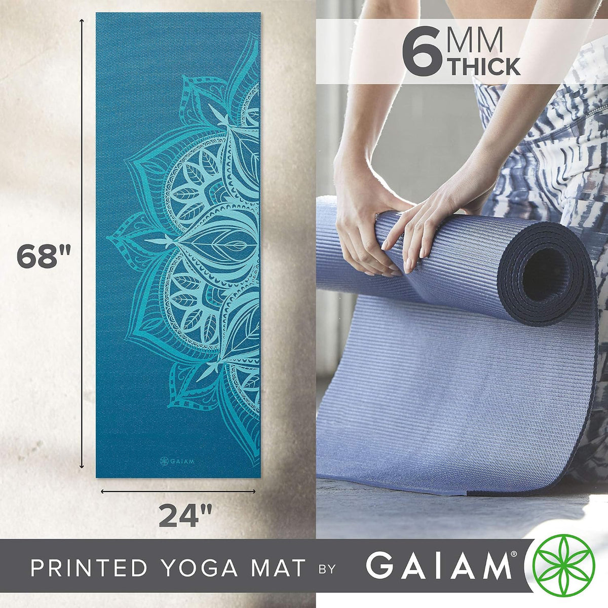 Premium Yoga Mat, 6mm Thick Print Mat | Premium 6mm thick cushioning for joint support. Non-slip print design for yoga, Pilates & floor workouts.