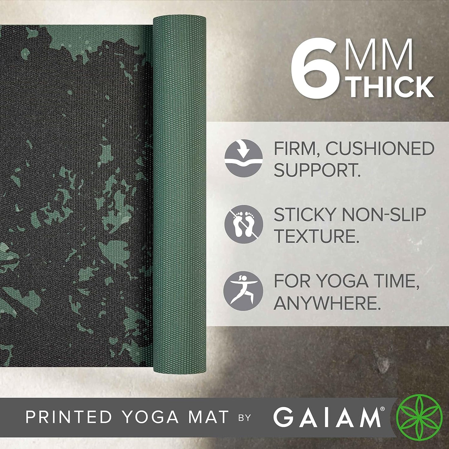 Premium Yoga Mat, 6mm Thick Print Mat | Premium 6mm thick cushioning for joint support. Non-slip print design for yoga, Pilates & floor workouts.
