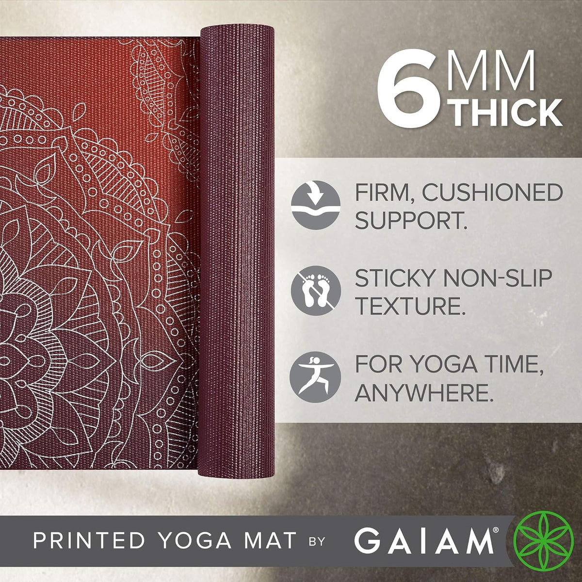 Premium Yoga Mat, 6mm Thick Print Mat | Premium 6mm thick cushioning for joint support. Non-slip print design for yoga, Pilates & floor workouts.