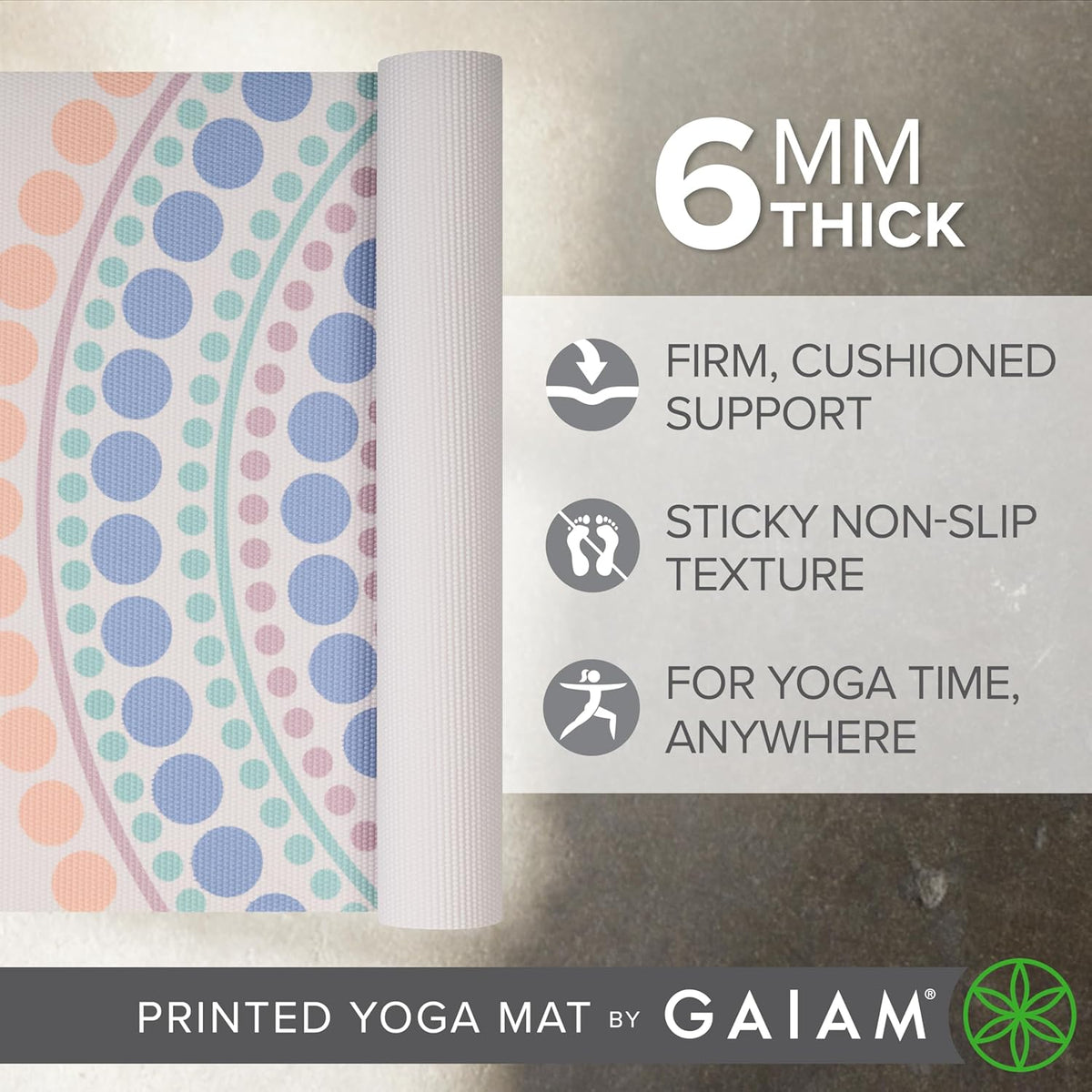 Premium Yoga Mat, 6mm Thick Print Mat | Premium 6mm thick cushioning for joint support. Non-slip print design for yoga, Pilates & floor workouts.