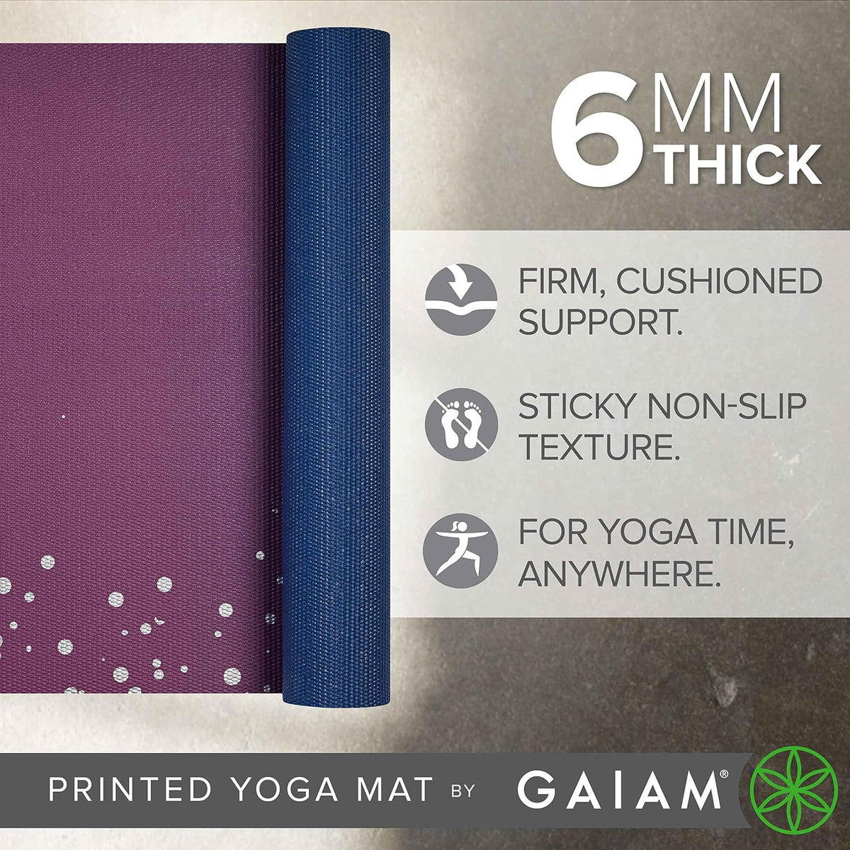 Premium Yoga Mat, 6mm Thick Print Mat | Premium 6mm thick cushioning for joint support. Non-slip print design for yoga, Pilates & floor workouts.