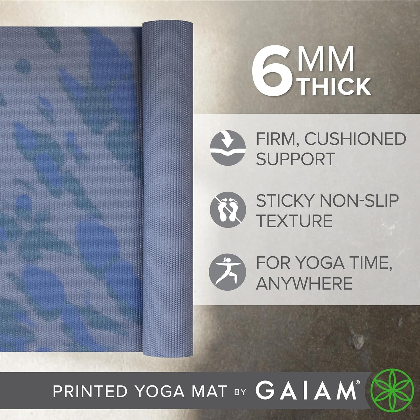 Premium Yoga Mat, 6mm Thick Print Mat | Premium 6mm thick cushioning for joint support. Non-slip print design for yoga, Pilates & floor workouts.