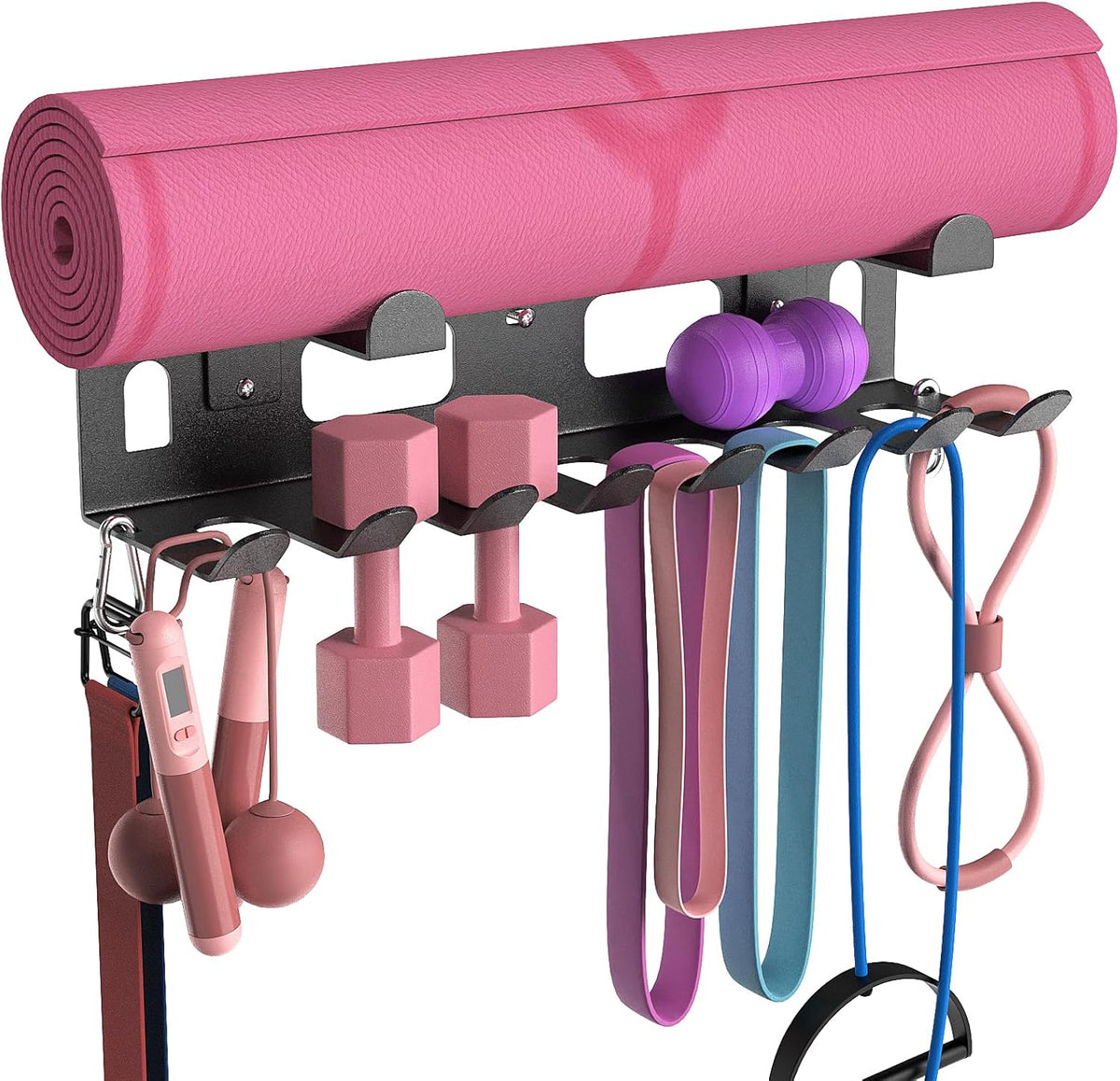Multi-Purpose Gym Equipment Storage Rack for Resistance Bands - Gym Wall Storage for Exercise Bands, Yoga mat, Jump Ropes, Weight Belts, Straps, Hula Hoop (Black White)