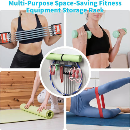 Multi-Purpose Gym Equipment Storage Rack for Resistance Bands - Gym Wall Storage for Exercise Bands, Yoga mat, Jump Ropes, Weight Belts, Straps, Hula Hoop (Black White)