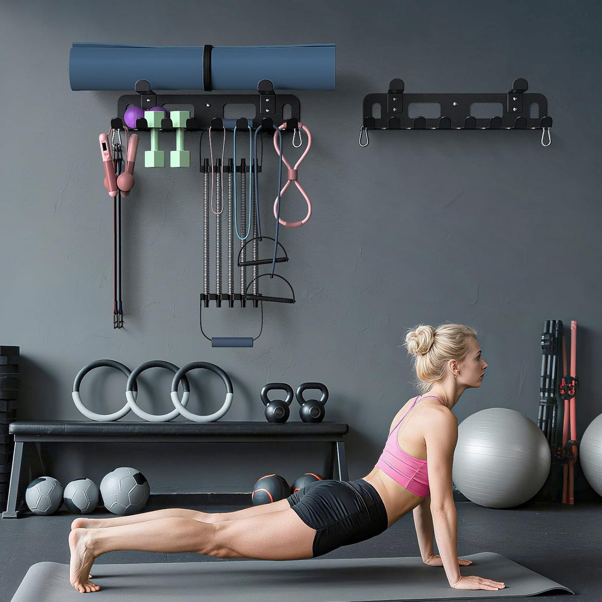 Multi-Purpose Gym Equipment Storage Rack for Resistance Bands - Gym Wall Storage for Exercise Bands, Yoga mat, Jump Ropes, Weight Belts, Straps, Hula Hoop (Black White)