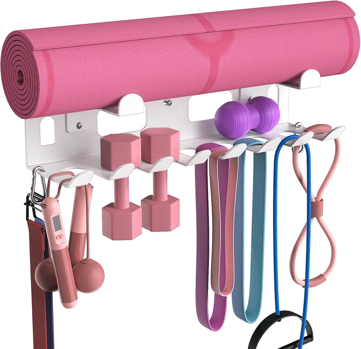 Multi-Purpose Gym Equipment Storage Rack for Resistance Bands - Gym Wall Storage for Exercise Bands, Yoga mat, Jump Ropes, Weight Belts, Straps, Hula Hoop (Black White)