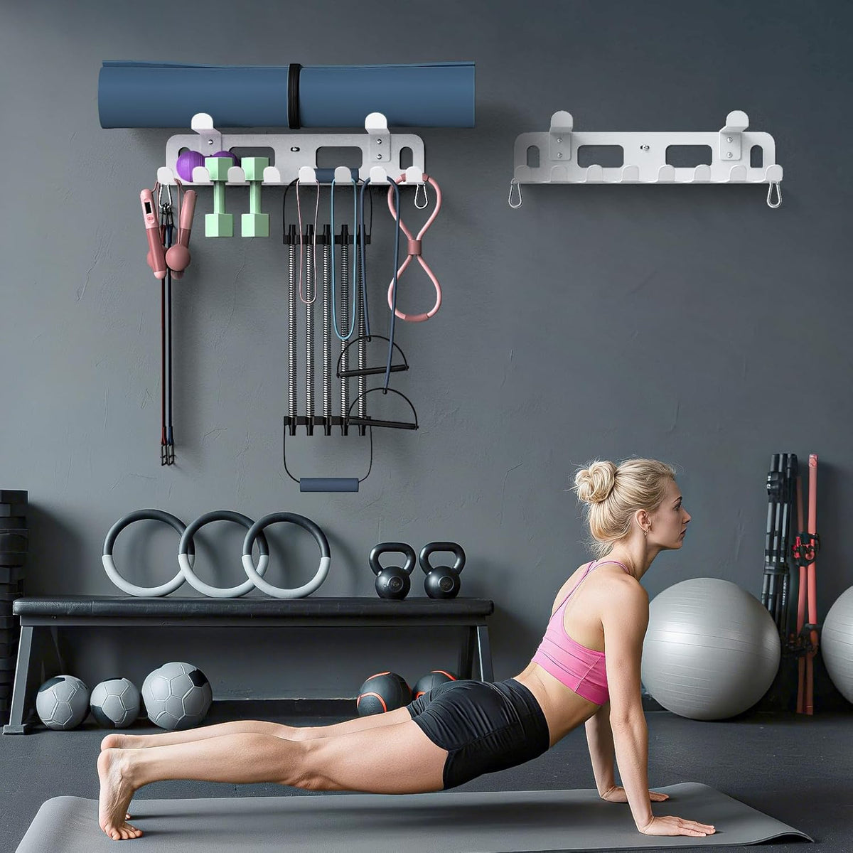 Multi-Purpose Gym Equipment Storage Rack for Resistance Bands - Gym Wall Storage for Exercise Bands, Yoga mat, Jump Ropes, Weight Belts, Straps, Hula Hoop (Black White)