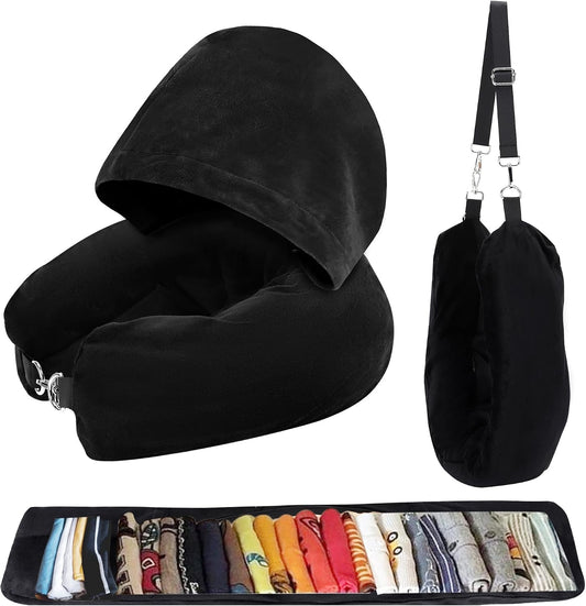 Stuffable Travel Neck Pillow with Hood, Soft Velvet Fabric,Black