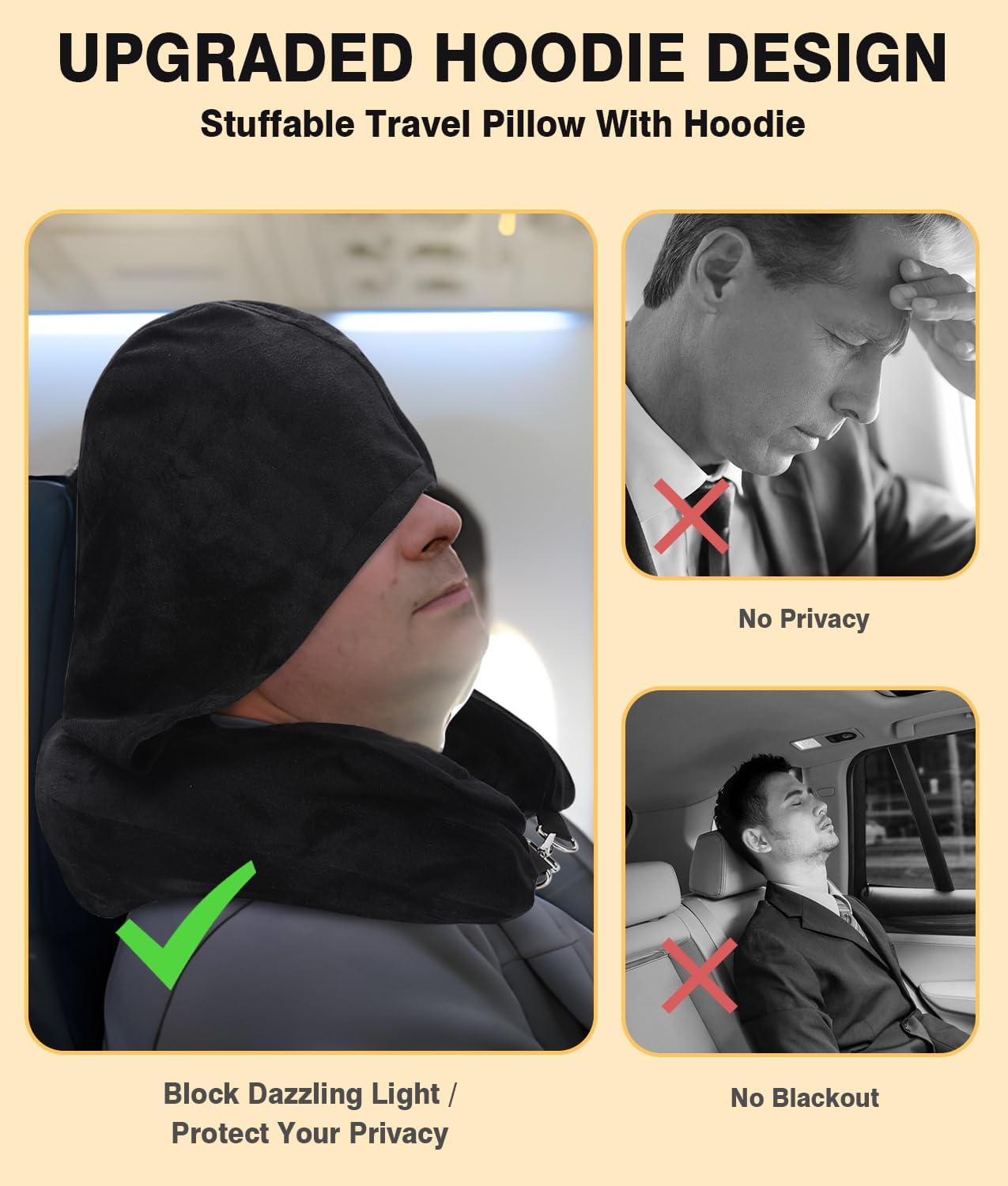 Stuffable Travel Neck Pillow with Hood, Soft Velvet Fabric,Black