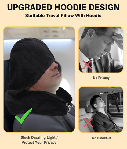 Stuffable Travel Neck Pillow with Hood, Soft Velvet Fabric,Black