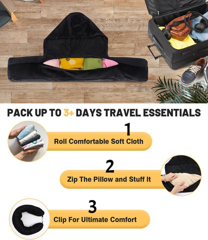 Stuffable Travel Neck Pillow with Hood, Soft Velvet Fabric,Black