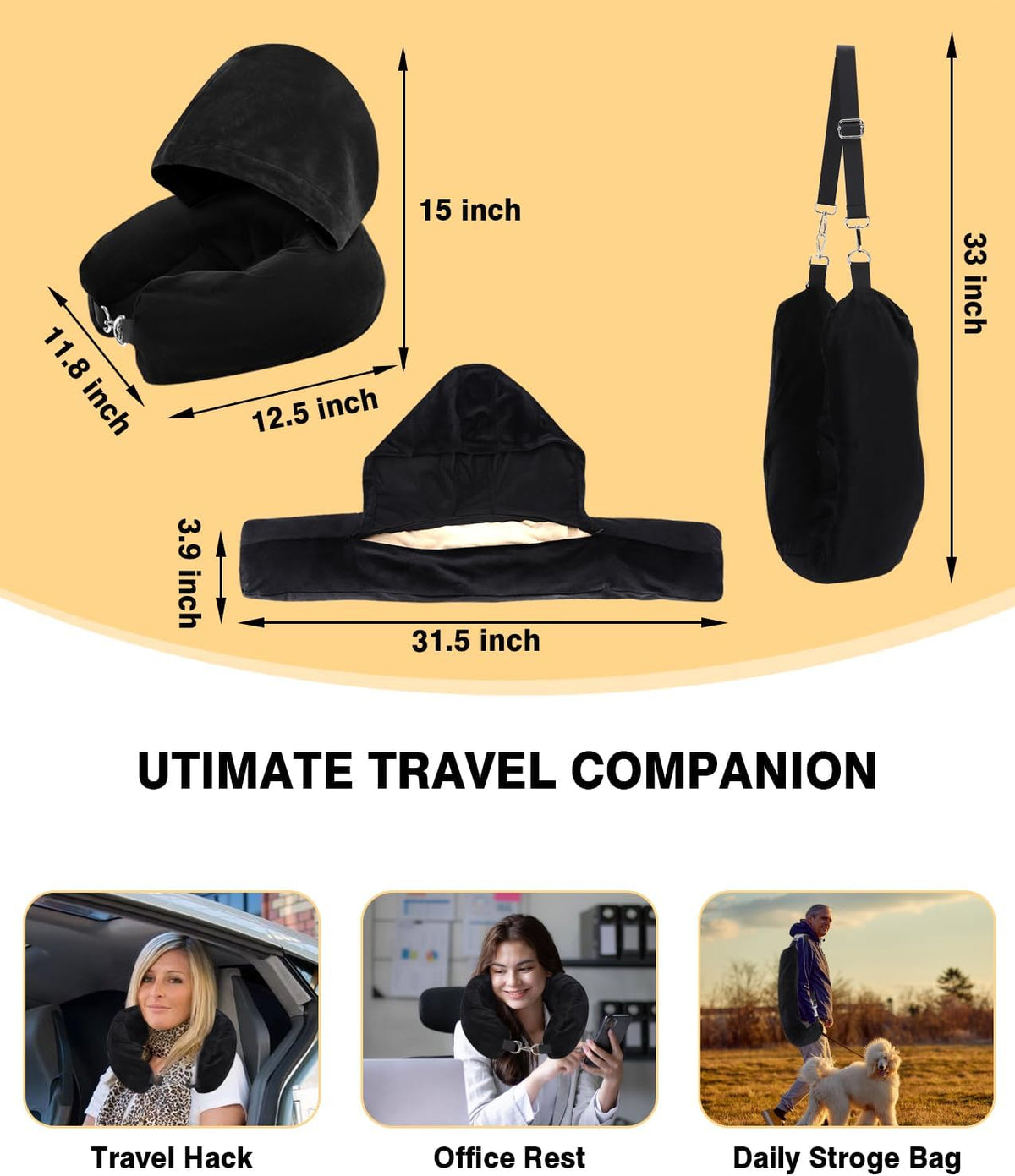Stuffable Travel Neck Pillow with Hood, Soft Velvet Fabric,Black