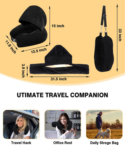 Stuffable Travel Neck Pillow with Hood, Soft Velvet Fabric,Black