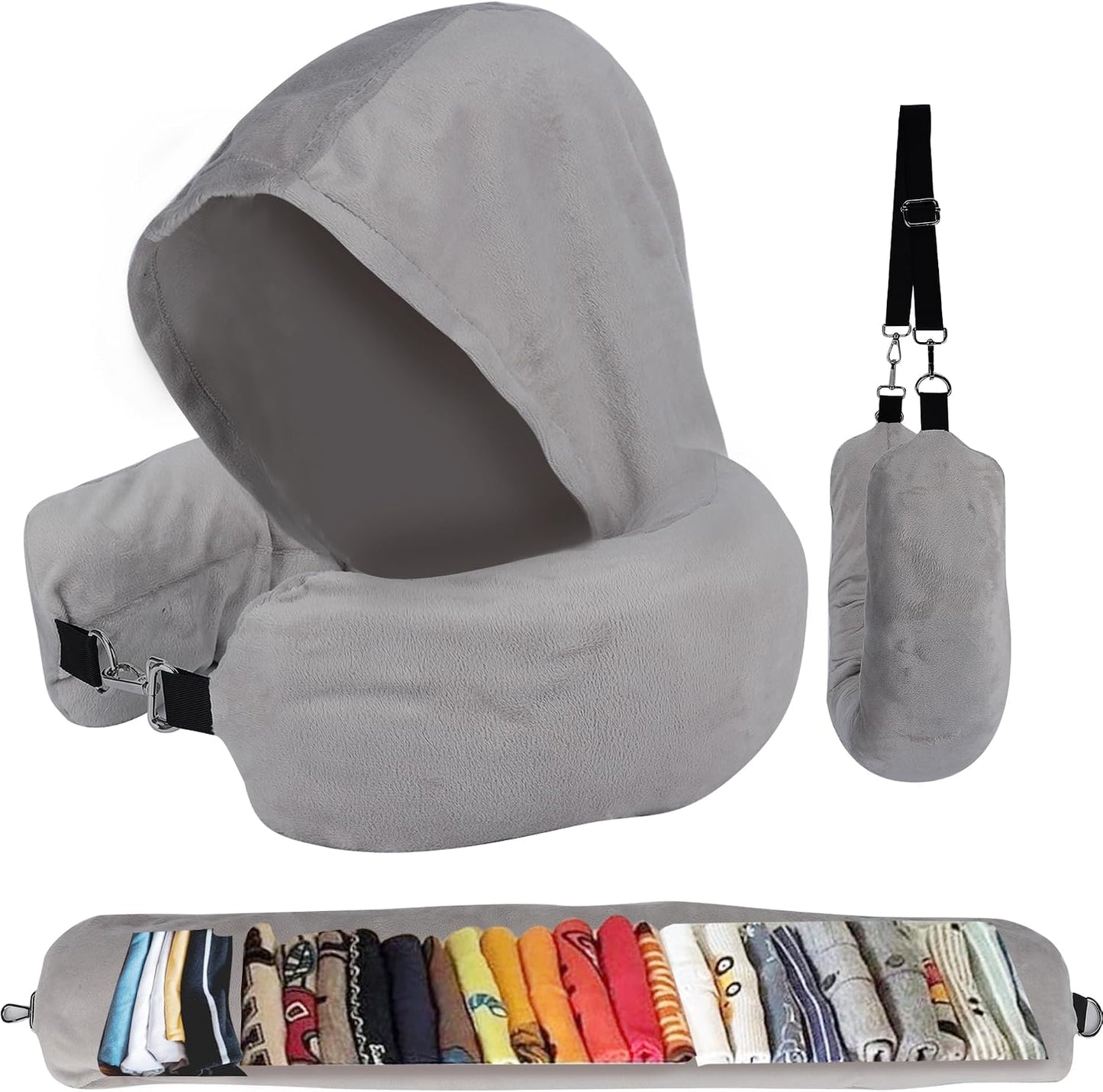 Stuffable Travel Neck Pillow with Hood, Soft Velvet Fabric,Black