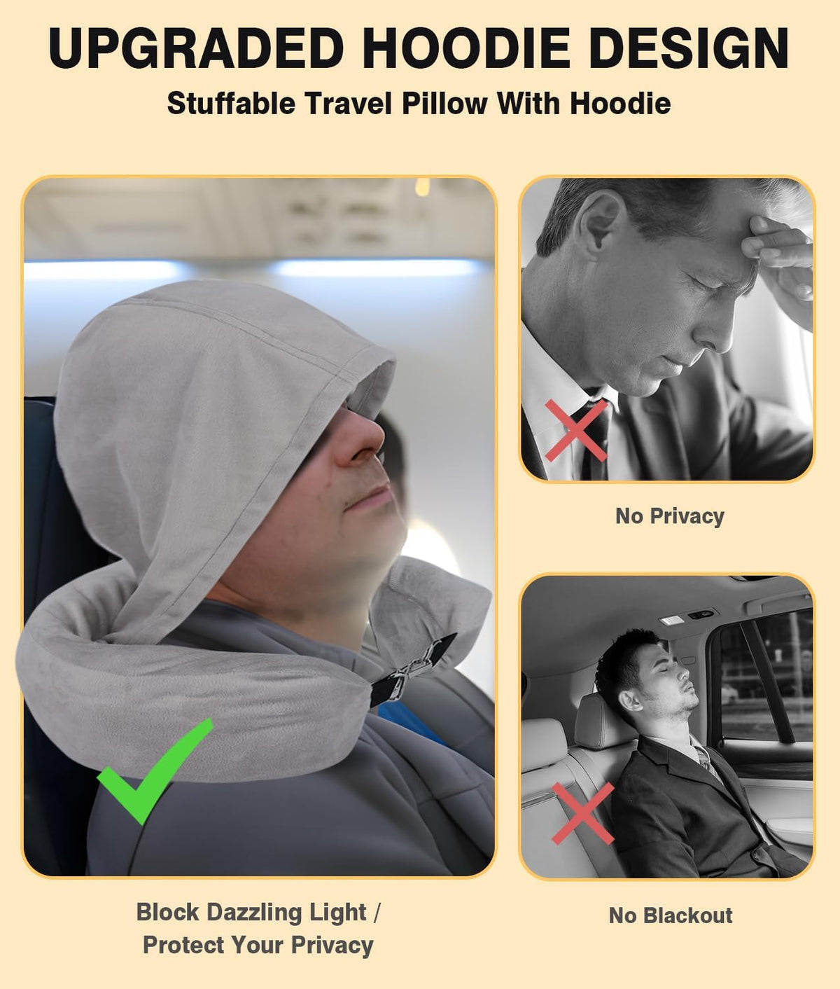Stuffable Travel Neck Pillow with Hood, Soft Velvet Fabric,Black