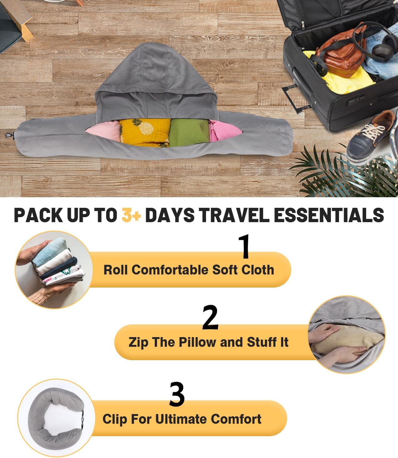 Stuffable Travel Neck Pillow with Hood, Soft Velvet Fabric,Black