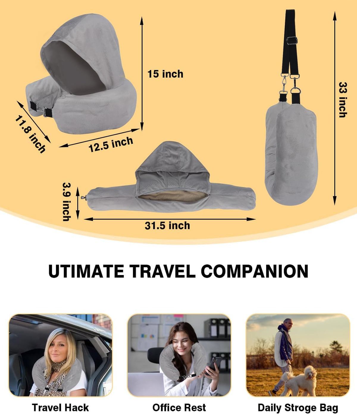 Stuffable Travel Neck Pillow with Hood, Soft Velvet Fabric,Black