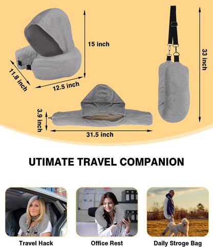Stuffable Travel Neck Pillow with Hood, Soft Velvet Fabric,Black