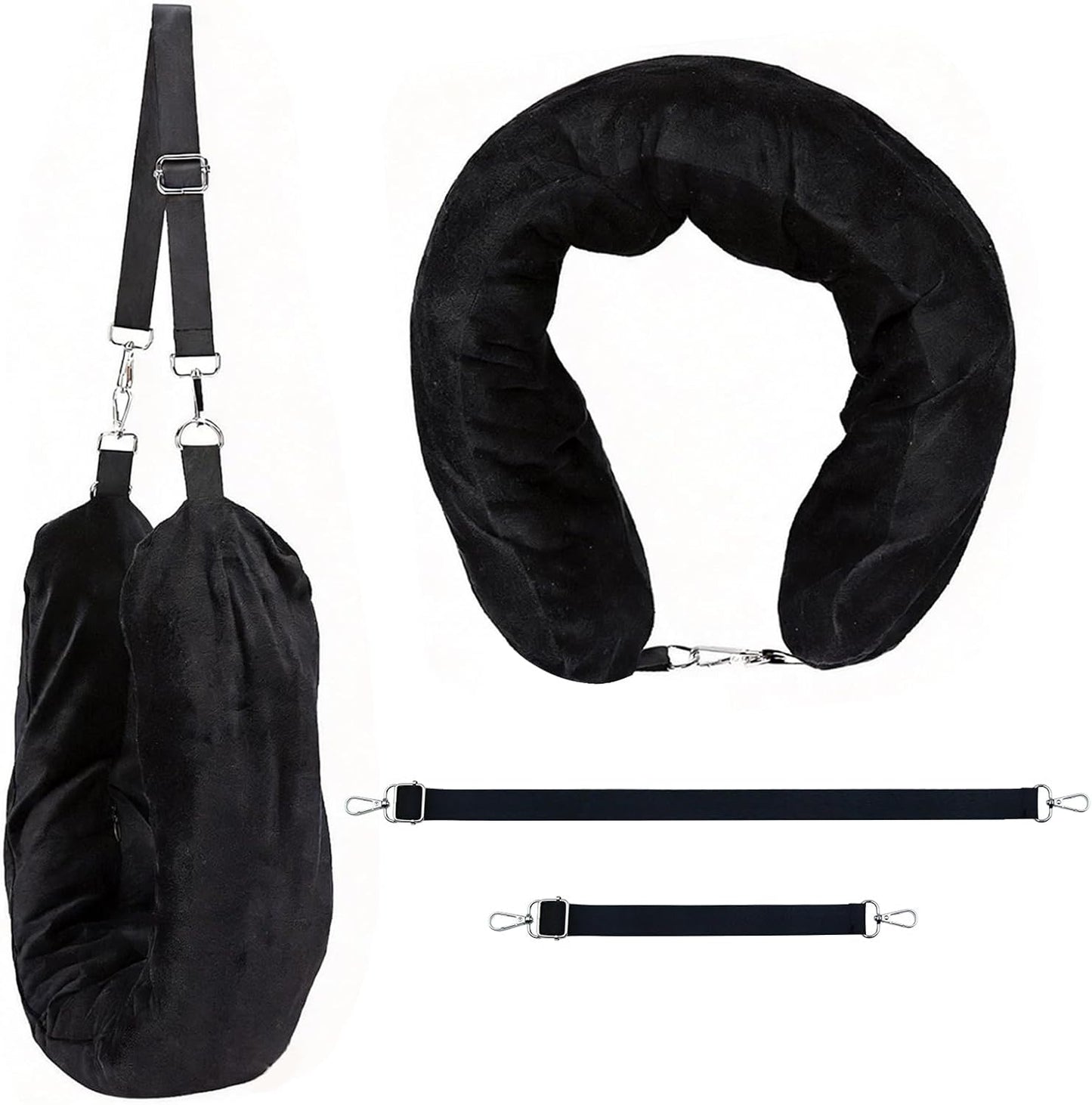 Stuffable Travel Neck Pillow with Hood, Soft Velvet Fabric,Black