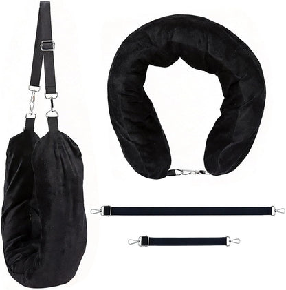 Stuffable Travel Neck Pillow with Hood, Soft Velvet Fabric,Black