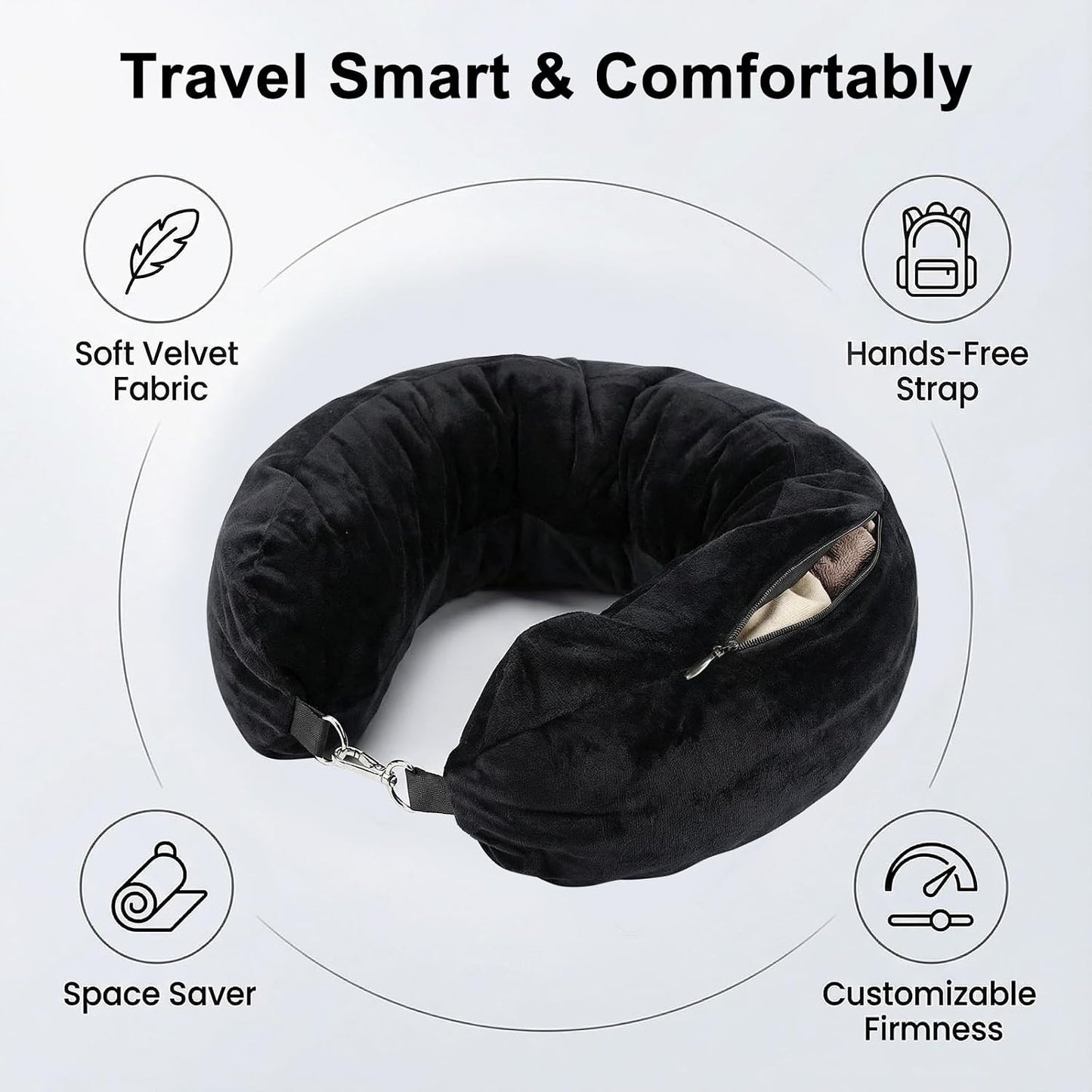 Stuffable Travel Neck Pillow with Hood, Soft Velvet Fabric,Black