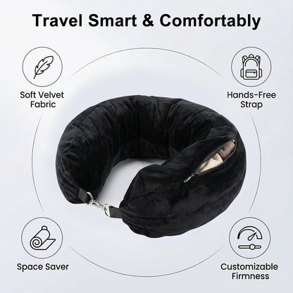 Stuffable Travel Neck Pillow with Hood, Soft Velvet Fabric,Black