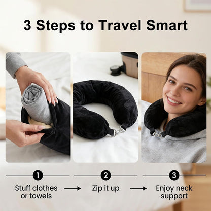 Stuffable Travel Neck Pillow with Hood, Soft Velvet Fabric,Black