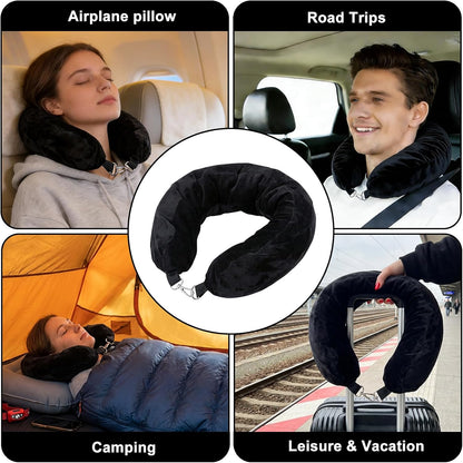 Stuffable Travel Neck Pillow with Hood, Soft Velvet Fabric,Black