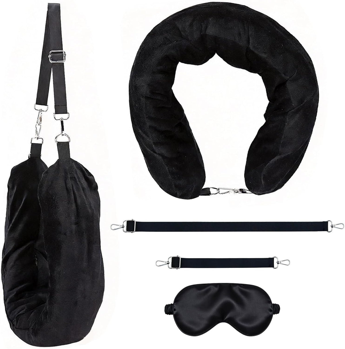 Stuffable Travel Neck Pillow with Hood, Soft Velvet Fabric,Black