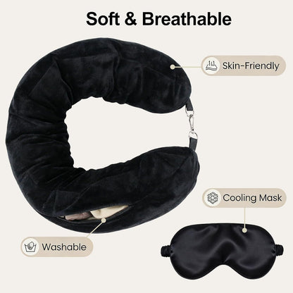 Stuffable Travel Neck Pillow with Hood, Soft Velvet Fabric,Black