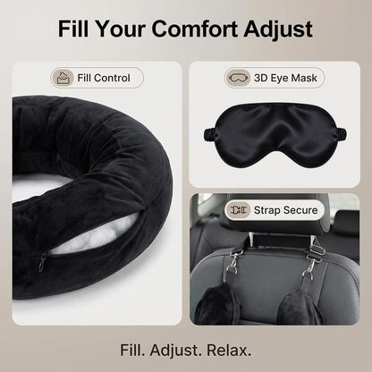 Stuffable Travel Neck Pillow with Hood, Soft Velvet Fabric,Black