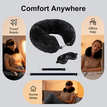 Stuffable Travel Neck Pillow with Hood, Soft Velvet Fabric,Black