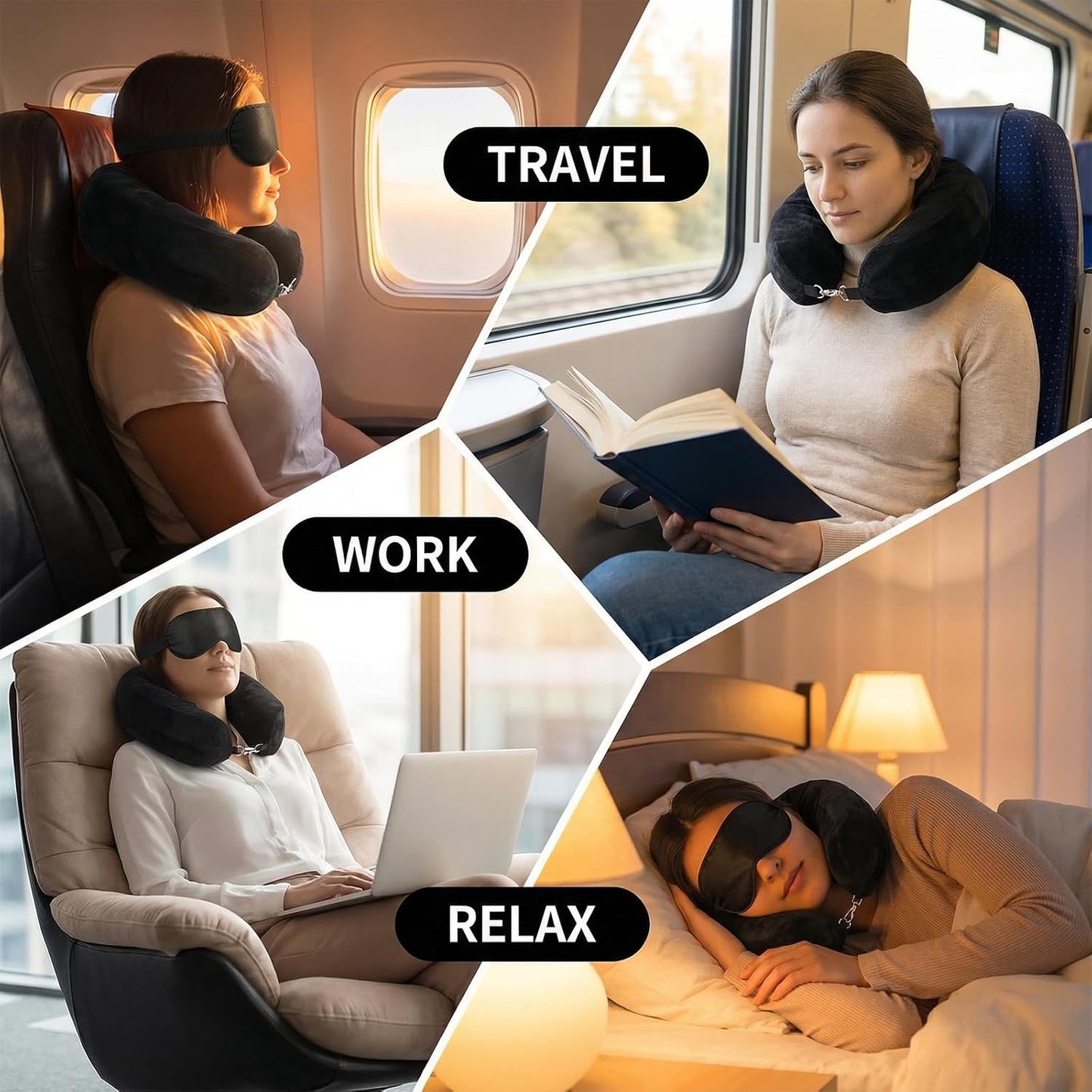 Stuffable Travel Neck Pillow with Hood, Soft Velvet Fabric,Black