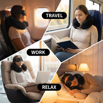 Stuffable Travel Neck Pillow with Hood, Soft Velvet Fabric,Black