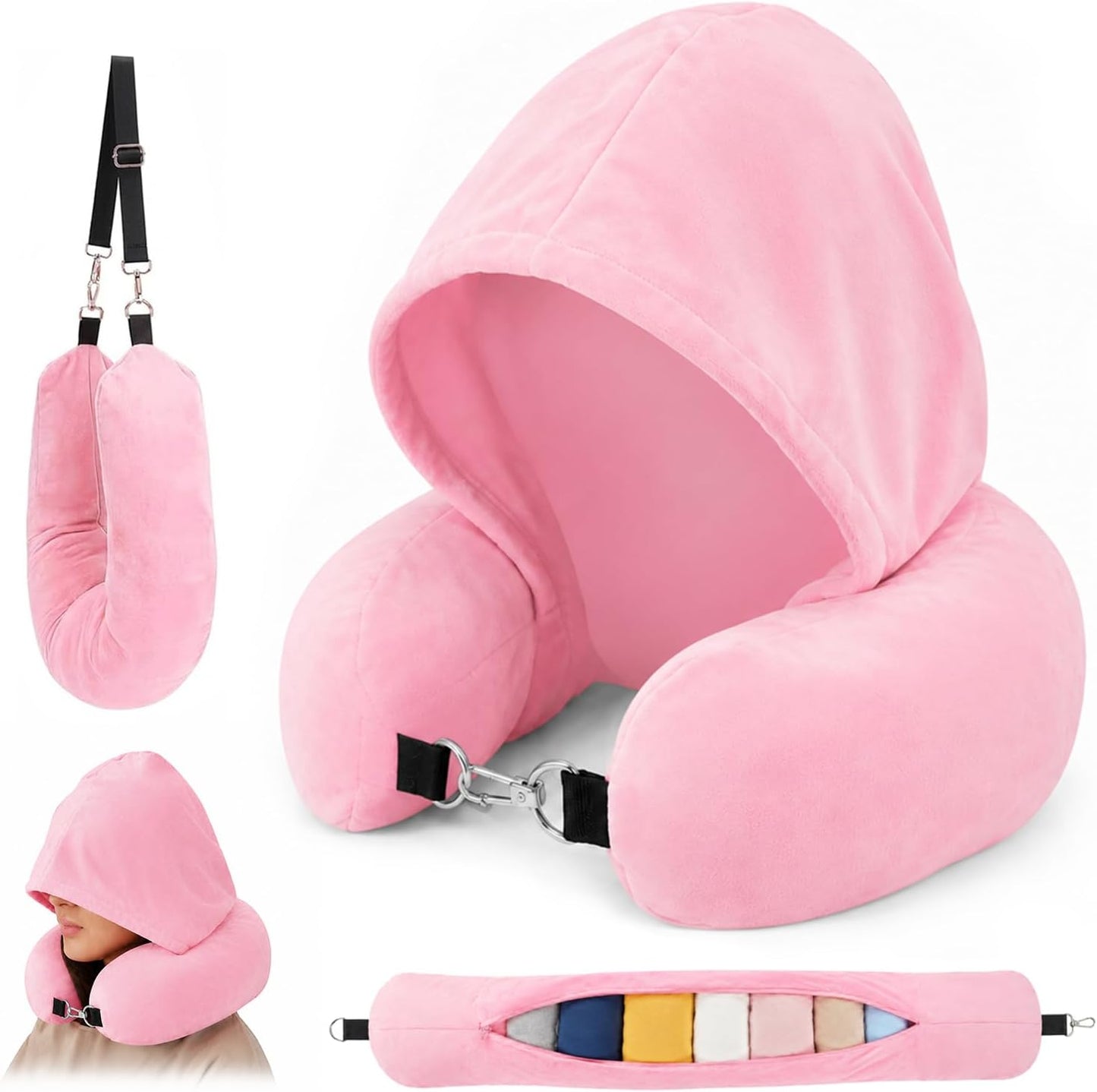 Stuffable Travel Neck Pillow with Hood, Soft Velvet Fabric,Black