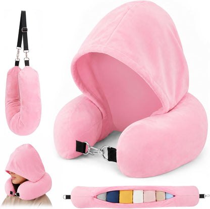 Stuffable Travel Neck Pillow with Hood, Soft Velvet Fabric,Black