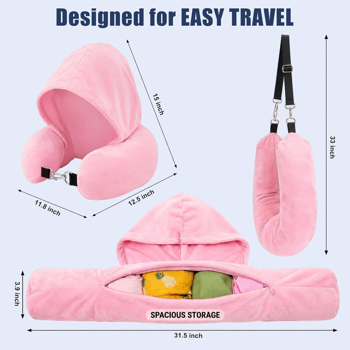 Stuffable Travel Neck Pillow with Hood, Soft Velvet Fabric,Black