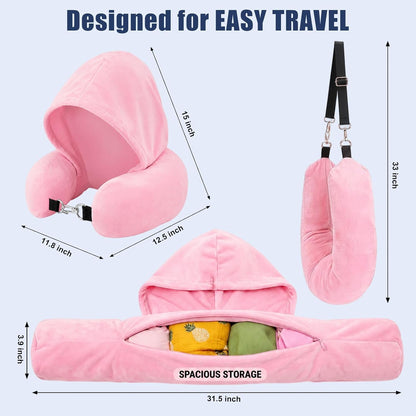 Stuffable Travel Neck Pillow with Hood, Soft Velvet Fabric,Black
