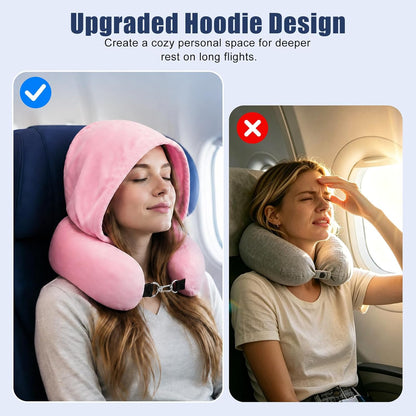 Stuffable Travel Neck Pillow with Hood, Soft Velvet Fabric,Black