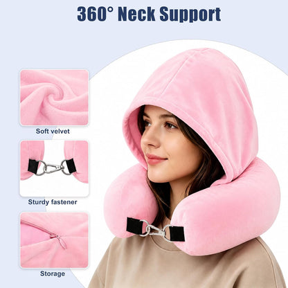 Stuffable Travel Neck Pillow with Hood, Soft Velvet Fabric,Black