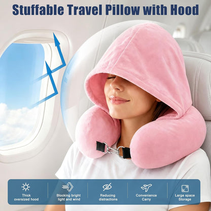 Stuffable Travel Neck Pillow with Hood, Soft Velvet Fabric,Black