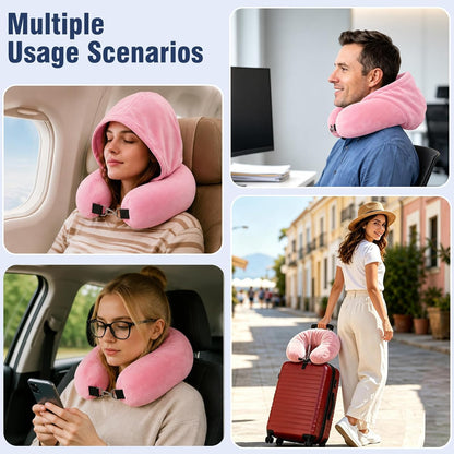 Stuffable Travel Neck Pillow with Hood, Soft Velvet Fabric,Black